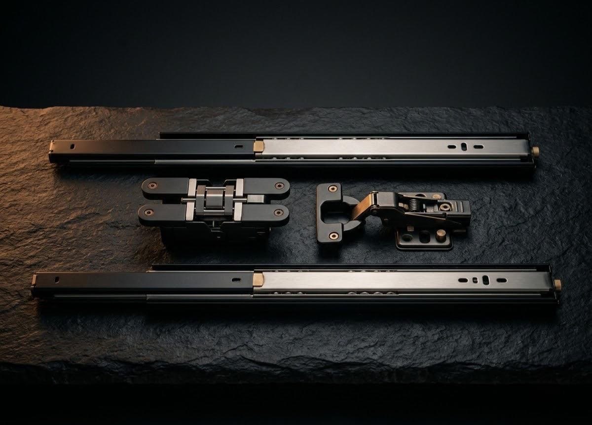 Concealed hinges and drawer slides
