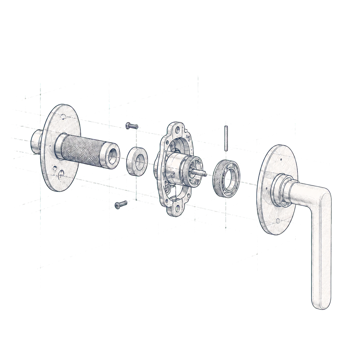 Exploded technical drawing of a premium door handle mechanism